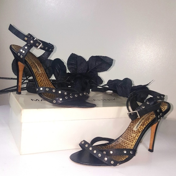 Manolo Blahnik Black Studded Strappy Heels Sandals - Picture 2 of 7